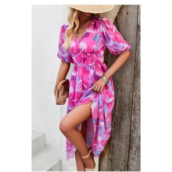 Womens Floral Flowy Wrap V Neck Midi Dress Short Sleeve Elastic Waist Casual Lrg - Picture 4 of 7